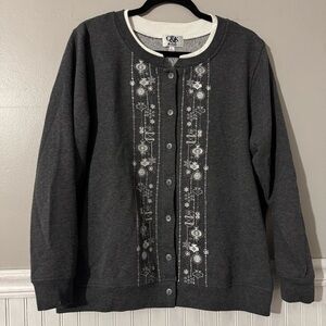 C&K designs Christmas Button Up Sweatshirt Large Gray with White Embroidery
